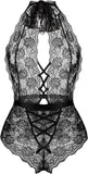 Women Lace Bodysuit Deep V Neck Dobby Mesh Body Suits Teddy Lingerie Black,M