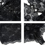 Women Lace Bodysuit Deep V Neck Dobby Mesh Body Suits Teddy Lingerie Black,M