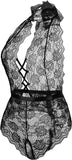 Women Lace Bodysuit Deep V Neck Dobby Mesh Body Suits Teddy Lingerie Black,M