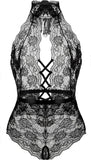 Women Lace Bodysuit Deep V Neck Dobby Mesh Body Suits Teddy Lingerie Black,M