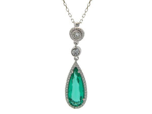 925 Sterling Silver Synthetic Emerald Pendant & White CZ Charm Necklace 16" - Presidential Brand (R)