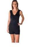 Ladies fashion casual lace up v neck knit romper shorts - Presidential Brand (R)