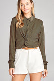 Ladies fashion long sleeve front knot w/button stripe rayon challis woven top - Presidential Brand (R)