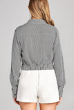 Ladies fashion long sleeve front knot w/button stripe rayon challis woven top - Presidential Brand (R)