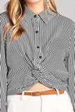 Ladies fashion long sleeve front knot w/button stripe rayon challis woven top - Presidential Brand (R)