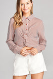 Ladies fashion long sleeve front knot w/button stripe rayon challis woven top - Presidential Brand (R)