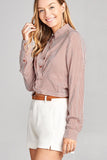 Ladies fashion long sleeve front knot w/button stripe rayon challis woven top - Presidential Brand (R)