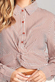 Ladies fashion long sleeve front knot w/button stripe rayon challis woven top - Presidential Brand (R)