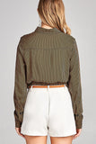 Ladies fashion long sleeve front knot w/button stripe rayon challis woven top - Presidential Brand (R)