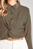 Ladies fashion long sleeve front knot w/button stripe rayon challis woven top - Presidential Brand (R)