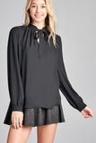 Ladies fashion long sleeve v-neck w/self tie detail wool dobby woven top - Presidential Brand (R)