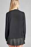 Ladies fashion long sleeve v-neck w/self tie detail wool dobby woven top - Presidential Brand (R)