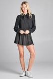 Ladies fashion long sleeve v-neck w/self tie detail wool dobby woven top - Presidential Brand (R)
