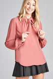 Ladies fashion long sleeve v-neck w/self tie detail wool dobby woven top - Presidential Brand (R)