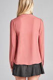 Ladies fashion long sleeve v-neck w/self tie detail wool dobby woven top - Presidential Brand (R)