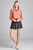 Ladies fashion long sleeve v-neck w/self tie detail wool dobby woven top - Presidential Brand (R)
