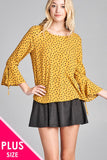 Ladies fashion plus size 3/4 w/bell sleeve round neck dot print crepe woven top - Presidential Brand (R)