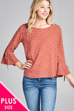 Ladies fashion plus size 3/4 w/bell sleeve round neck dot print crepe woven top - Presidential Brand (R)