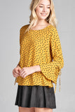 Ladies fashion plus size 3/4 w/bell sleeve round neck dot print crepe woven top - Presidential Brand (R)
