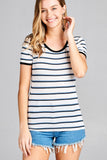 Ladies fashion short sleeve round neck yarn dye stripe rayon spandex jersey top - Presidential Brand (R)