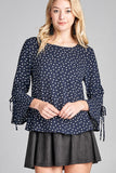 Ladies fashion 3/4 w/bell sleeve round neck dot print crepe woven top - Presidential Brand (R)