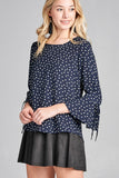 Ladies fashion 3/4 w/bell sleeve round neck dot print crepe woven top - Presidential Brand (R)