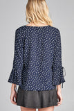 Ladies fashion 3/4 w/bell sleeve round neck dot print crepe woven top - Presidential Brand (R)