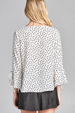 Ladies fashion 3/4 w/bell sleeve round neck dot print crepe woven top - Presidential Brand (R)