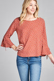 Ladies fashion 3/4 w/bell sleeve round neck dot print crepe woven top - Presidential Brand (R)