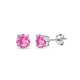 Sterling Silver Simulated Pink Sapphire 4mm Round Solitaire Dainty Stud Earrings - Presidential Brand (R)