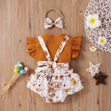 3 Colors Toddler Baby Girls Clothes Sets 3pcs Flower Printing Flying Sleeve Suspender Shorts Headband Set - Presidential Brand (R)