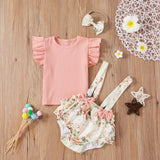 3 Colors Toddler Baby Girls Clothes Sets 3pcs Flower Printing Flying Sleeve Suspender Shorts Headband Set - Presidential Brand (R)