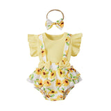 3 Colors Toddler Baby Girls Clothes Sets 3pcs Flower Printing Flying Sleeve Suspender Shorts Headband Set - Presidential Brand (R)