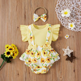 3 Colors Toddler Baby Girls Clothes Sets 3pcs Flower Printing Flying Sleeve Suspender Shorts Headband Set - Presidential Brand (R)