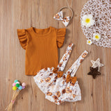 3 Colors Toddler Baby Girls Clothes Sets 3pcs Flower Printing Flying Sleeve Suspender Shorts Headband Set - Presidential Brand (R)
