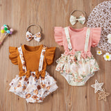 3 Colors Toddler Baby Girls Clothes Sets 3pcs Flower Printing Flying Sleeve Suspender Shorts Headband Set - Presidential Brand (R)
