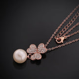 18K Rose Gold Plated Pave Lucky Clover with Imitation Pearl  Necklace - Presidential Brand (R)