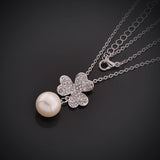 18K White Gold Plated Pave Lucky Clover with Imitation Pearl Necklace - Presidential Brand (R)