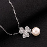 18K White Gold Plated Pave Lucky Clover with Imitation Pearl Necklace - Presidential Brand (R)