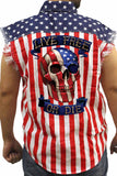 Men's USA Flag Sleeveless Denim Shirt Live Free or Die Skull Biker - Presidential Brand (R)