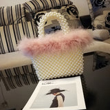 Faux Fur Pearl Evening Bag Women Hand Woven Paneled Beaded Tote Purses Handbags Shoulder Bag - Presidential Brand (R)