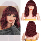 Stamped Glorious 14inches Natural Wave Wig Bob Red Wig With Bangs Synthetic Short Wigs for Women Heat Resistant Fiber Hair - Presidential Brand (R)