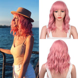 Stamped Glorious 14inches Natural Wave Wig Bob Red Wig With Bangs Synthetic Short Wigs for Women Heat Resistant Fiber Hair - Presidential Brand (R)