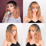 Stamped Glorious 14inches Natural Wave Wig Bob Red Wig With Bangs Synthetic Short Wigs for Women Heat Resistant Fiber Hair - Presidential Brand (R)