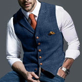 Mens Vest Notched Plaid Wool Herringbone Tweed Waistcoat Casual Formal Business Groomsman - Presidential Brand (R)