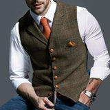 Mens Vest Notched Plaid Wool Herringbone Tweed Waistcoat Casual Formal Business Groomsman - Presidential Brand (R)