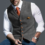 Mens Vest Notched Plaid Wool Herringbone Tweed Waistcoat Casual Formal Business Groomsman - Presidential Brand (R)