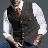 Mens Vest Notched Plaid Wool Herringbone Tweed Waistcoat Casual Formal Business Groomsman - Presidential Brand (R)