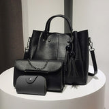 3pcs/set Handbag Beads Tassel Shoulder Totes Bags Leather Solid Capacity Clutch Bucket - Presidential Brand (R)