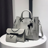 3pcs/set Handbag Beads Tassel Shoulder Totes Bags Leather Solid Capacity Clutch Bucket - Presidential Brand (R)
